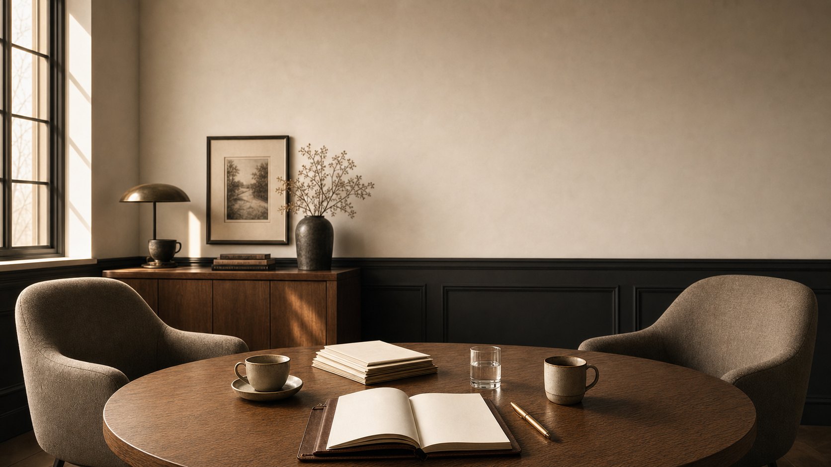 A calm executive office prepared for an advisory conversation: a notebook open to a blank first page with a gold pen beside it, organized papers, two cups, and two chairs angled toward each other in warm morning light