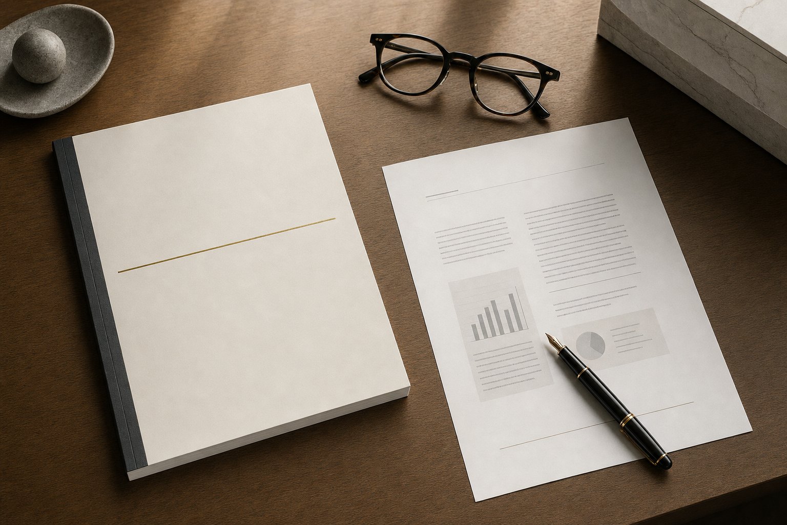 An Executive Brief resting on a desk beside a single page of typeset findings, a fountain pen, and reading glasses in soft natural light