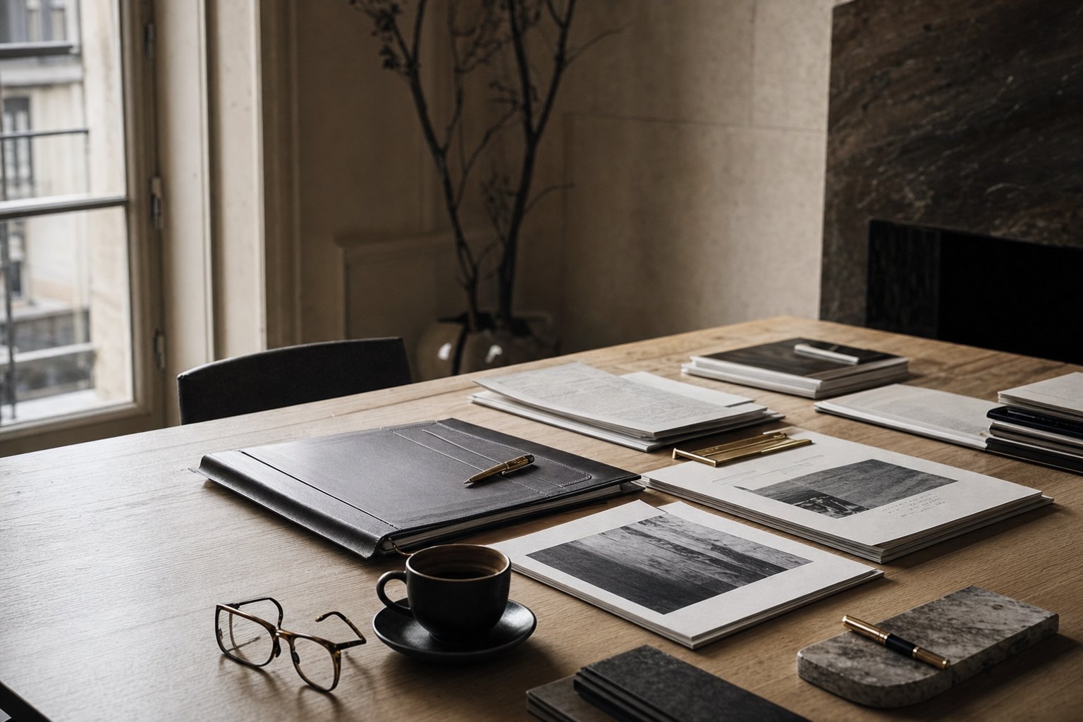 An executive working session in progress: organized documents, an open portfolio, and a fountain pen on a sunlit table