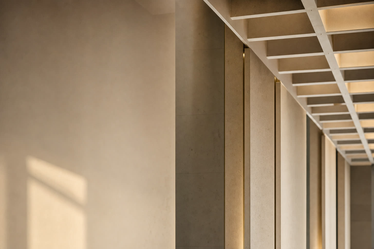 An architectural detail of a calm modern executive space, with precise structural lines in warm neutral light