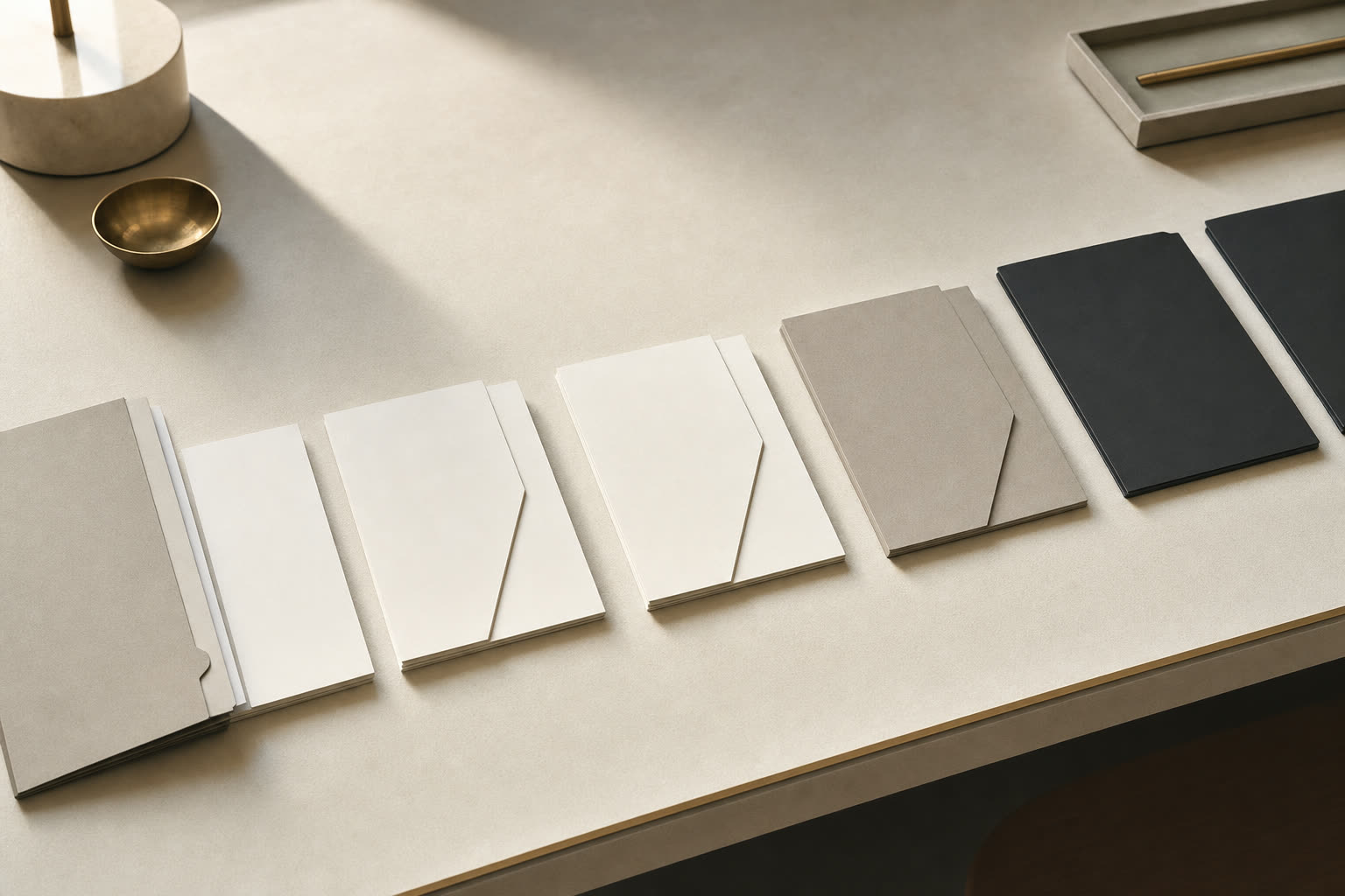 A precise sequence of plain document folders arranged in a deliberate progression across a warm cream surface