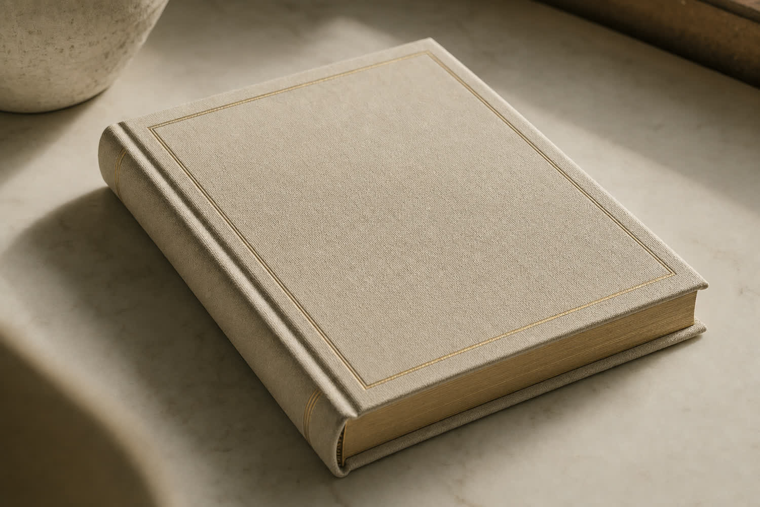 A single linen-bound ledger volume resting on a warm cream surface, its cover edged with a faint gold line in soft natural light