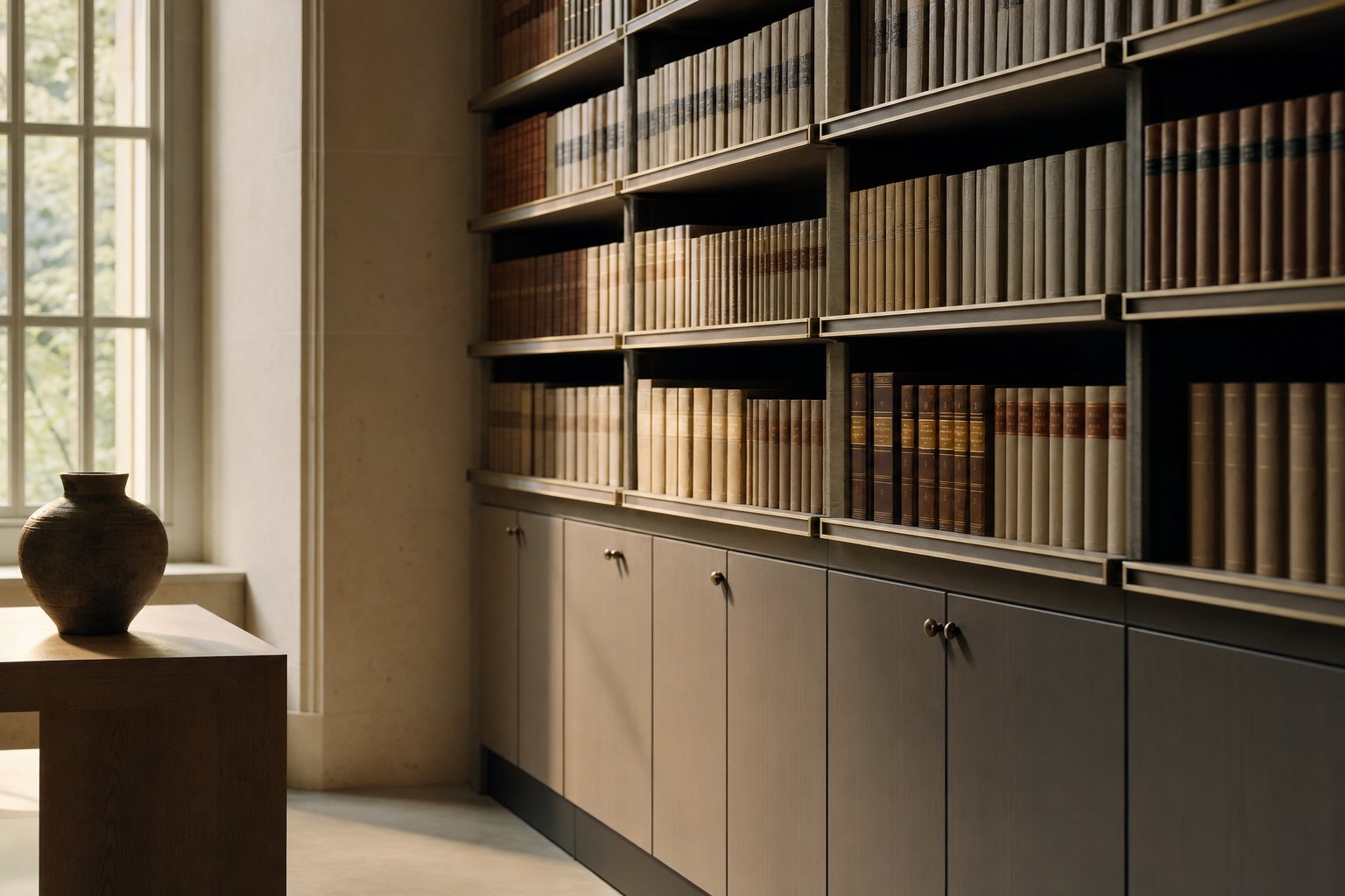 A quiet modern archive wall of uniform bound volumes in warm neutral light, ordered and continuous