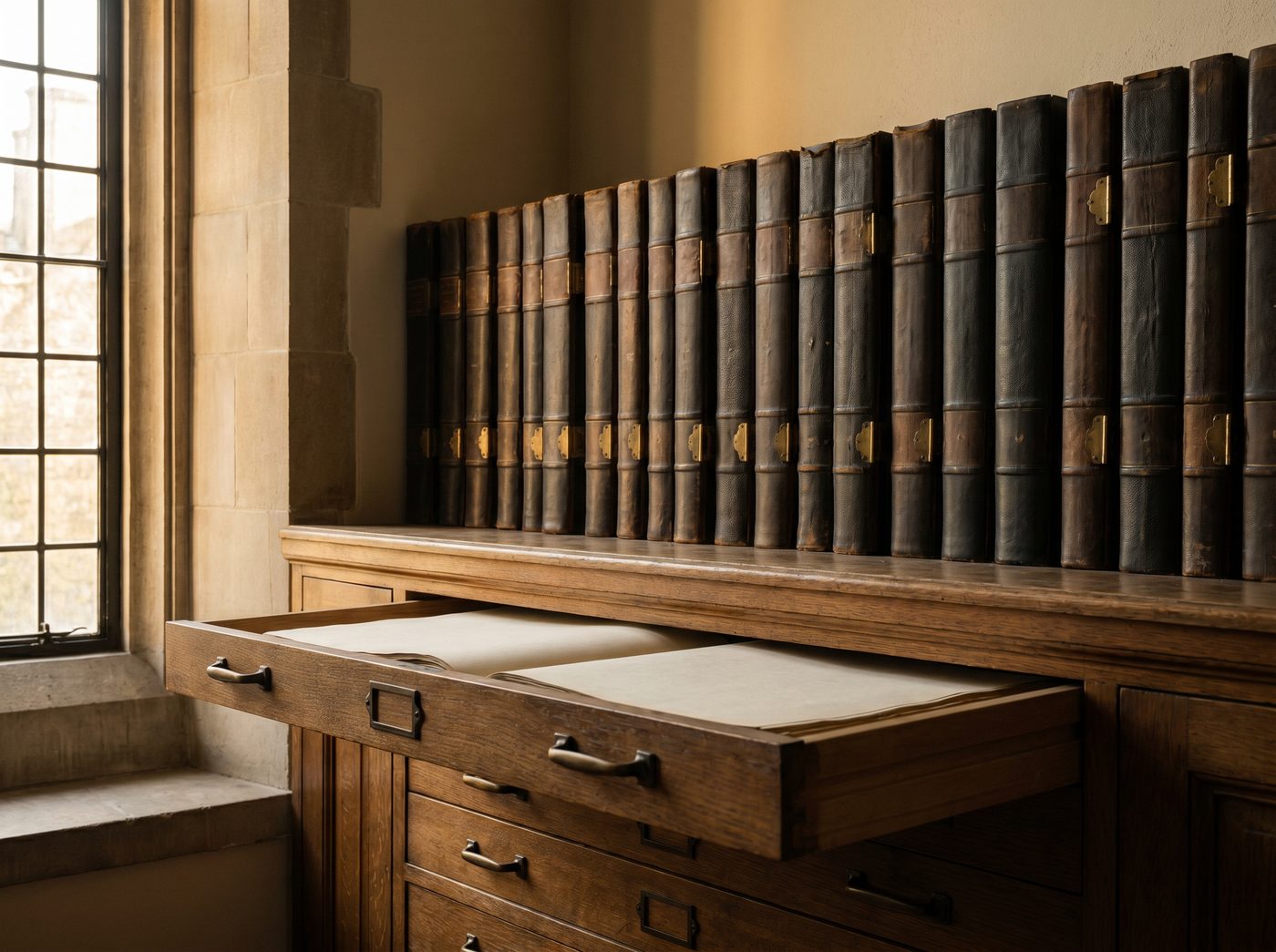 A warm archive of bound ledgers above a wooden flat-file drawer, a lasting record