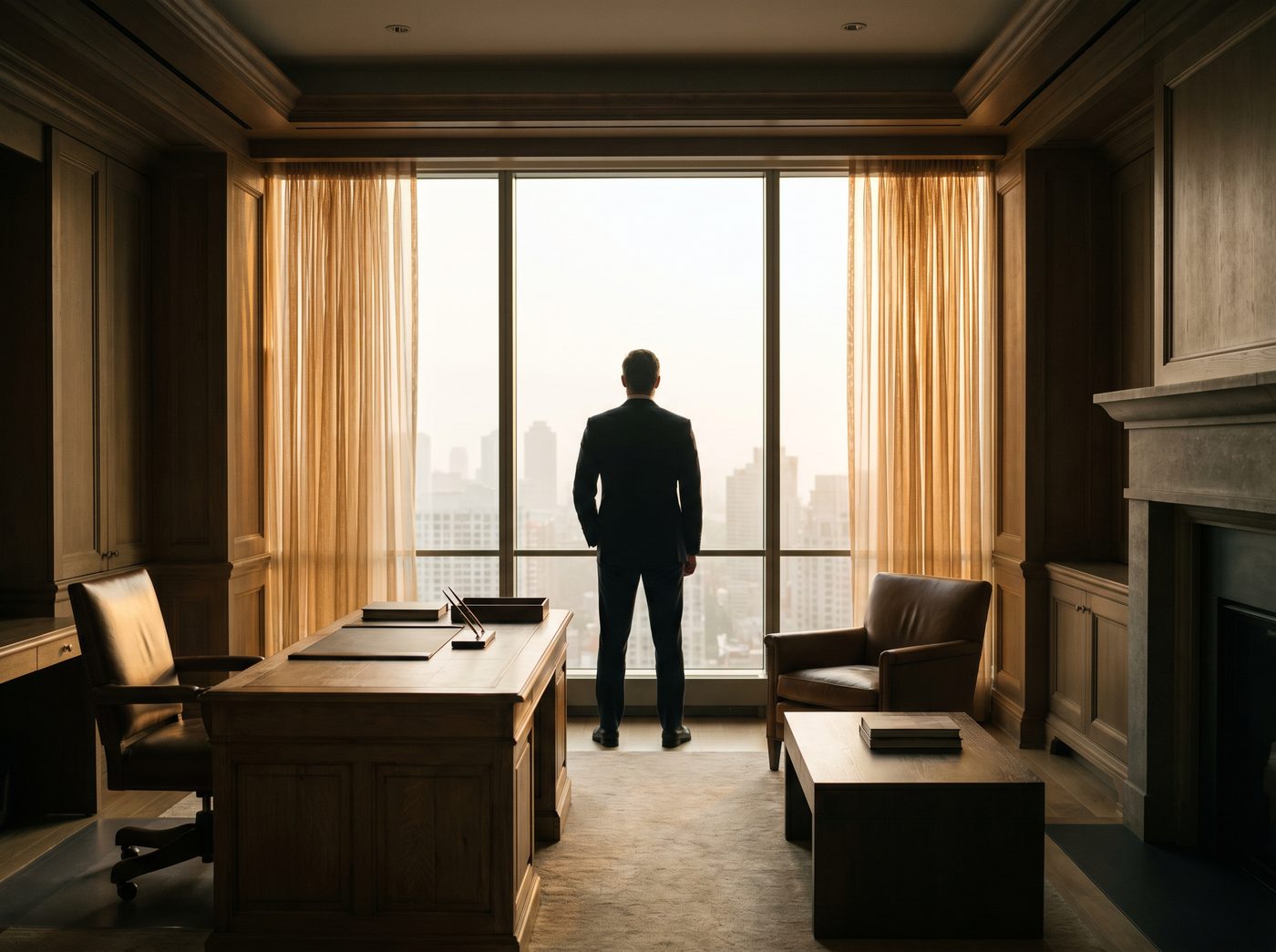 An executive at a window at golden hour, in quiet reflection